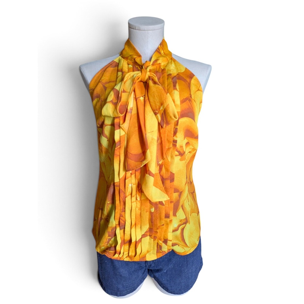7th Avenue Design Studio Floral Halter Blouse XS Bow Neck Sleeveless Top